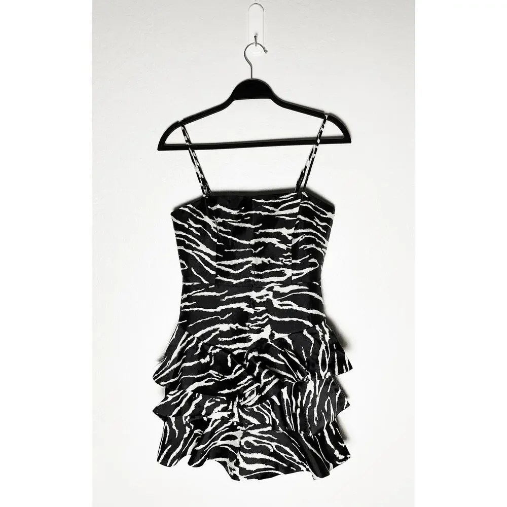 Bardot Women's Zebra Frill Dress Cocktail Mini Adjustable Straps Black White NWT